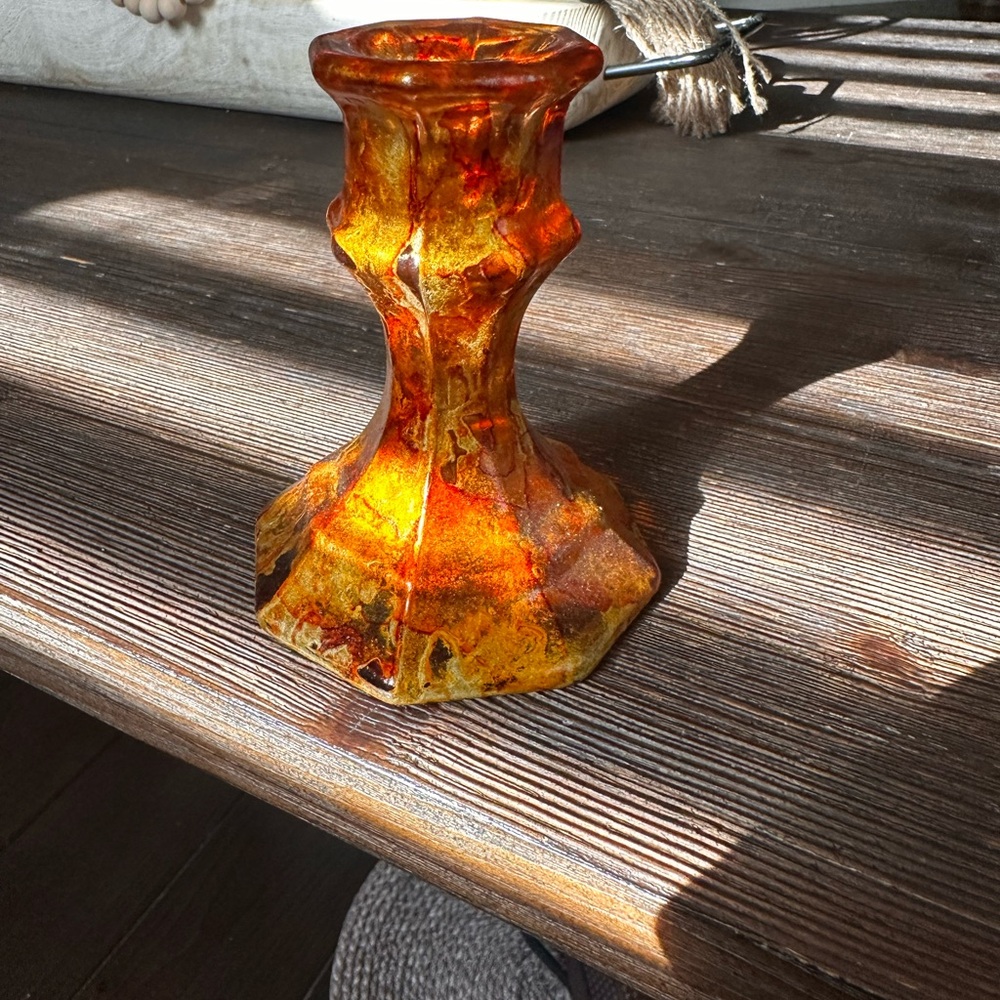 Hand crafted Amber hand painted Glass Candle Holder